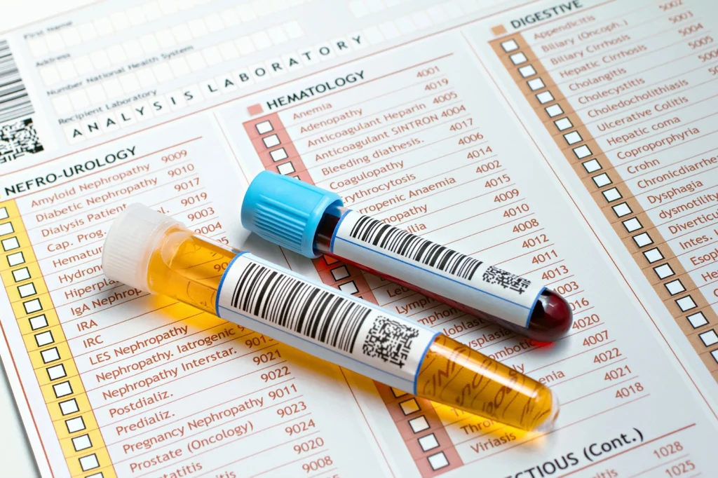 Blood and urine samples on lab form at Belfast Private GP in Belfast